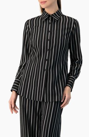 Ivonne Pinstripe Fitted Long-Sleeve Button-Front Shirt in Black at Nordstrom, Size 12