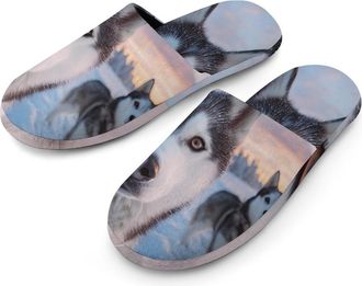 Generic Siberian Husky Print Mens Slippers Warm Non-Slip Houes Shose Spa Slipper for Home Bedroom