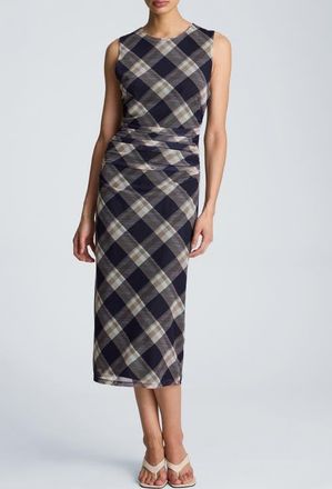 Kenneth Cole Ruched Plaid Midi Dress in Dark Navy Multi at Nordstrom, Size X-Large