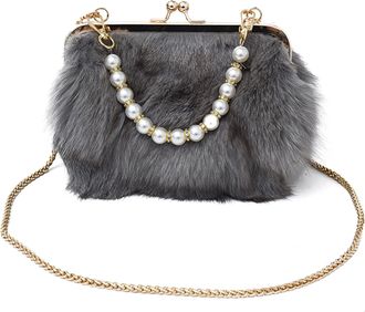 Generic Plush Shoulder Bag with Pearl Chain Trendy Sling Bag Versatile Clip Bag (Grey)