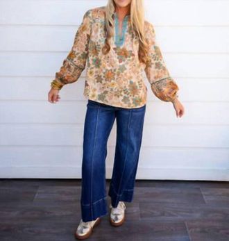 Current Air Paisley Border Printed Top In Taupe Teal