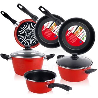 Magefesa Magefesa - Grana Bateria De Cocina 5 Piezas + Set Juego 3 Sartenes 18-20-24cm, Acero Vitrificado 820&ordm;c, Libre Pfoa Rojo