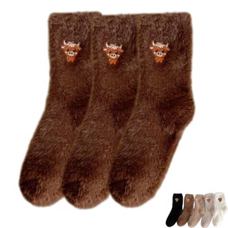 Generic 3 Pairs Cute Cow Slipper Socks, Fuzzy Highland Cow Sock Women, Winter Soft Cozy Plush Sleeping Home Sock (Dark Brown)
