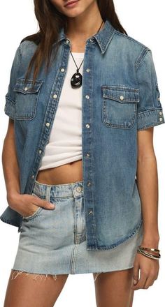 Lucky Brand Short Sleeve Denim Western Shirt in Glammed Up Wash at Nordstrom, Size Xx-Large