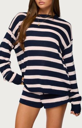 Edikted Amaris Stripe Oversize Cotton Sweatshirt in Navy-And-Pink at Nordstrom, Size X-Large