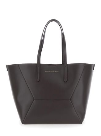 Brunello Cucinelli Brown Tote Bag With Logo Lettering On The Front And Geometric Panels Design In Leather Woman