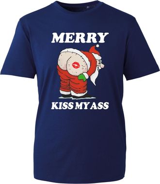 Generic Merry Kiss My Ass T-Shirt, Funny Santa Rude Joke Xmas 2025 Tee, Naughty Christmas Party Outfit Gift Top UK (Navy, 3XL Years)