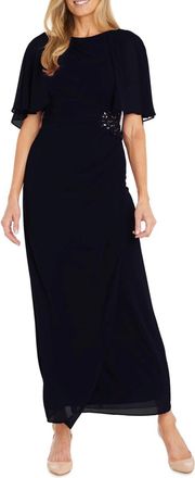 R & M Richards Long Chiffon Caplet Evening Dress In Navy