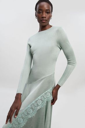 Karen Millen Womens Viscose Blend Slinky Sheer Lace Detail Asymmetric Knit Maxi Dress - Green - Size X-Small