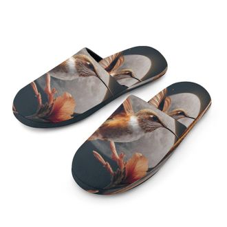 Generic Hummingbird with Moon Flower Mens Cozy Memory Foam Slippers Warm Cotton House Shoes Comfy Slipper for Indoor Outdoor