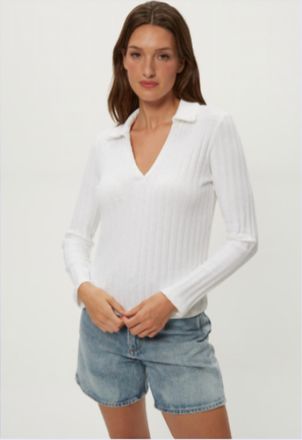 Michael Stars Liyah London Rib Long Sleeve Collared Tee In White