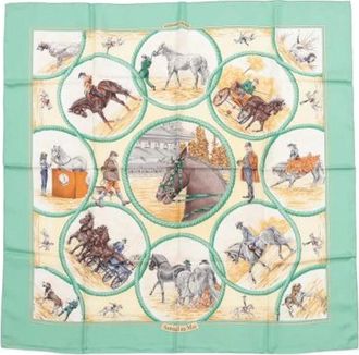 Herm&egrave;s Pre-owned Scarves, female, Green, Size: ONE SIZE Pre-owned Carre 90 Auteuil en Mai Silk Scarf