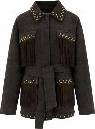 P.A.R.O.S.H. Fringe-Embellished Wool Jacket With Belted Waist And Studded Accents