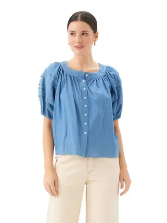 Fifteen Twenty Shay Contrast Stitch Peasant Top In Chambray