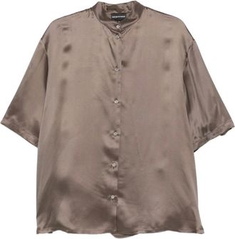 Emporio Armani Overhemden, Dames, Bruin, M, Satijn, Satijnen Bandkraag Shirt met Korte Mouwen