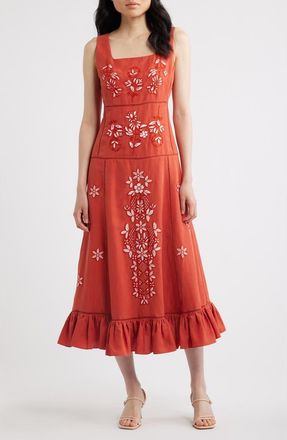 Elie Tahari The Lainey Embroidered Sleeveless Maxi Dress in Moroccan Red/sky White at Nordstrom, Size 16
