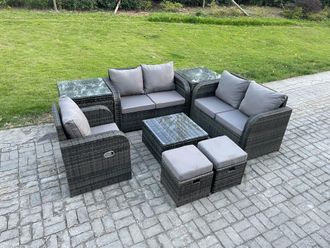 Fimous PE Rattan Garden Furniture Sets Outdoor Love Sofa Chair Set Square Coffee Table 2 Side Tables 2 Small Footstools in Dark Grey