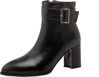 Generic Womens PU Leather Short Boots with Side Zipper Pointed Toe Chelsea Boots Block Heel Ankle Boot with Buckle,Black,3.5 UK