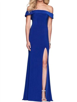 Faviana Classic Off The Shoulder Gown In Royal Blue