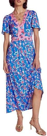 Boden Ellie Print Flutter Sleeve Dress in Kingfisher Blue/Foliage Trail at Nordstrom Rack, Size 6
