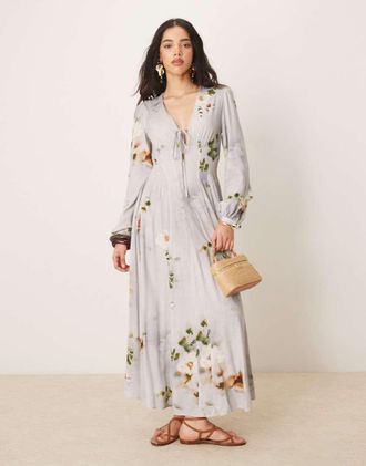 Asos v-neck long sleeve midi dress with tie front detail in blue floral-Multi
