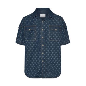 Marine Serre Short Sleeve Shirts, male, Blue, Size: L Moon Denim Shirt