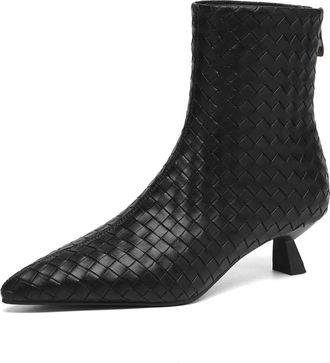 TinaCus Womens Woven Ankle Boots Leather Handmade Pointed Toe Back Zipper Kitten Heel Short Booties, Black, 5 UK