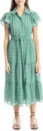 Max Studio Floral Tie Front Shirtdress in Green/cream Ornate Elegance at Nordstrom Rack, Size X-Small
