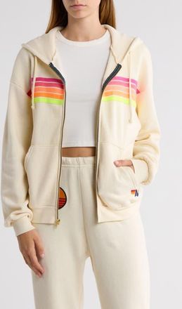 Aviator Nation 5-Stripe Zip Hoodie in Vintage White/Neon at Nordstrom, Size X-Large