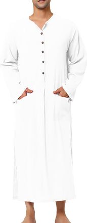Generic Pyjamas for Men Male Solid Color Button Long Sleeve Robe Pajamas Collarless Loungewear (White, XXL)