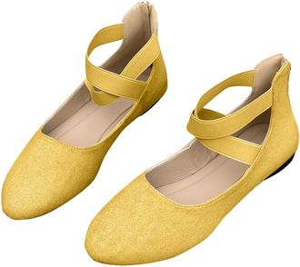Generic Womens Ballet Shoes with Elastic Ankle Straps Casual Stylish Pumps Solid Color Comfortable Breathable Classic Flat Shoes Work Party Yellow
