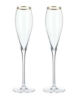Viski Belmont Set Of 2 Gold Rimmed Crystal Champagne Flutes