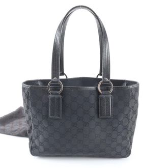 Gucci Black Leather Canvas Shoulder Bag Tote Bag (Pre-Owned)