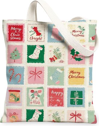 Generic Holiday Themed Canvas Tote Bags, Vintage Christmas Pattern Reusable Grocery Bags, Lightweight Washable Shoulder Strap, Multicolor, 13x15 Inch