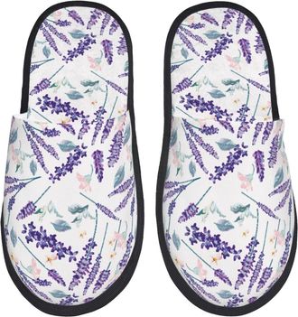Generic Cotton Slipper Lavender Flowers Print Comfortable Womens Slippers Non-Slip Fluffy Winter Slippers Ladies Travel L