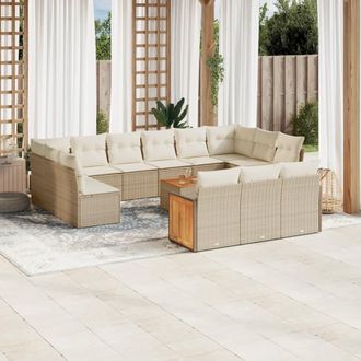 vidaXL Set De Sof&aacute;s De Jard&iacute;n Y Cojines 14 Pzas Rat&aacute;n Sint&eacute;tico Beige Vidaxl