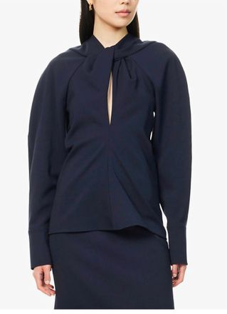 Victoria Beckham Twisted-Neckline Textured Blouse In Navy