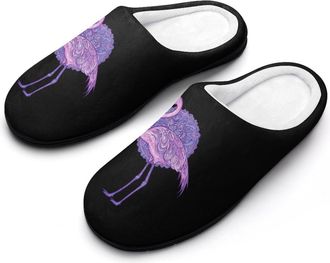 Generic Flamingos Purple Floral Mens Slippers Slip On Comfortable Fleece Cotton House Shoes Winter