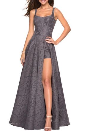 La Femme Long Lace Prom Dress with Attached Shorts in Gunmetal at Nordstrom, Size 2
