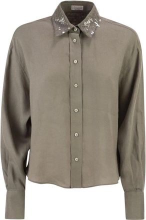Brunello Cucinelli Overhemden, Dames, Groen, S, Linnen, Linnen Blouse met Versierde Kraag