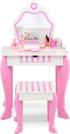 Costway Costway Tocador De Maquillaje Infantil, Juego De Mesa De Centro Y Taburete Para Ni&ntilde;os Con Espejo Y Caj&oacute;n, Juego De Tocador Infantil 2 En 1, Escritorio