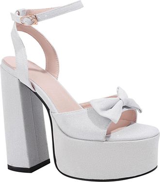 Generic Womens Open Toe Glitter Bridal Shoes Block High Heel Platform Dress Pumps Ankle Strap Wedding Party Prom Shoes with Bow,Silver,4.5 UK