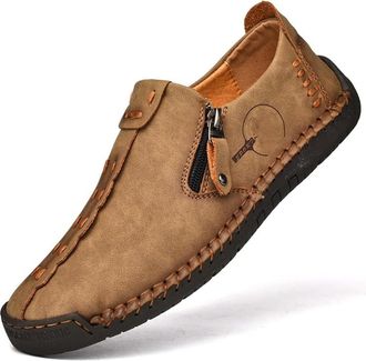 Generic Mens Loafers Shoes with Side Zipper, Handmade Non Slip Rubber Sole Walking Shoes Flexible Moccasins for Driving (Khaki,10.5)