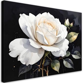 Feeby Cuadro En Lienzo Rosa Blanca Sobre Fondo Negro 100x70