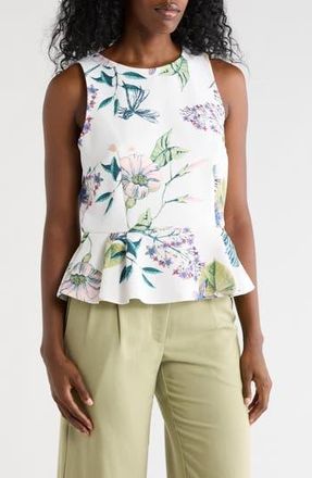 T Tahari Sleeveless Scuba Peplum Top in Ivory Botanical Print at Nordstrom Rack, Size X-Small