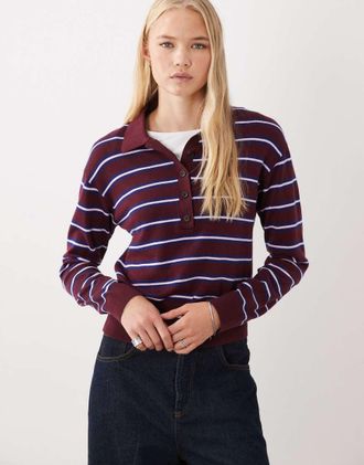 Arket maglione polo in lana merino a righe bordeaux-Rosa