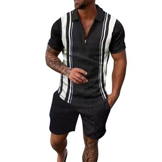 Generic Mens Zip Polo Shirt Summer Lightweight Fashion Printed Regular-Fit Short-Sleeve Tee Tops Casual Vertical Striped Color-Blocking Lightweight Lapel Coll