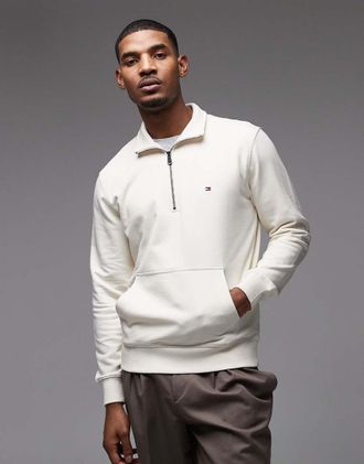 Tommy Hilfiger Essential - Felpa color panna in spugna con zip corta-Bianco