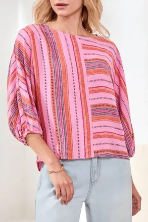 Tribal Linen Boat Neck Dolman Sleeves Blouse In Rose Silk