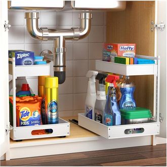 Sorbus Set Of 2 Under Sink White Organizer With Sliding Tracks